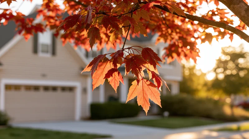 Maple leaves in autumn colors backlit by sunlight in front of a suburban house