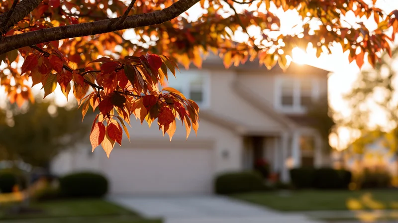 Autumn tree branch with red and orange backlit leaves in foreground, suburban house in soft focus behind