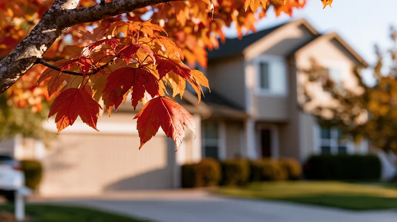 Autumn maple leaves in sharp focus with a suburban house in the background