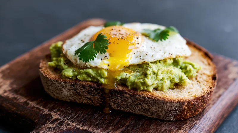 Avocado toast with fried egg and cilantro on thick sourdough bread on wooden board