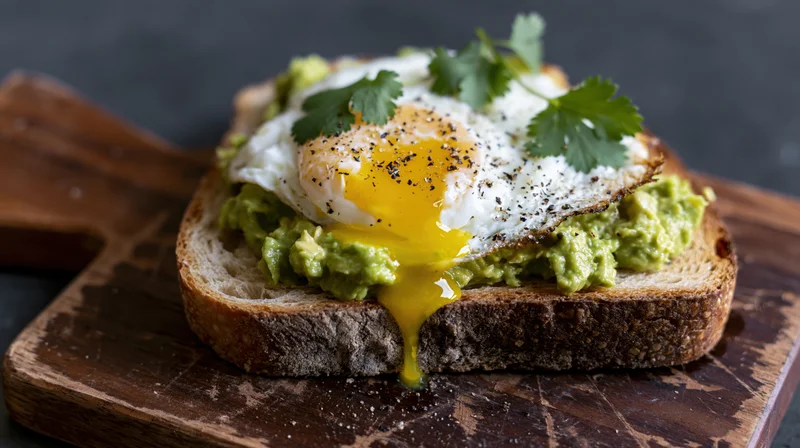 Avocado toast with runny fried egg and cilantro on thick sourdough bread on wooden cutting board