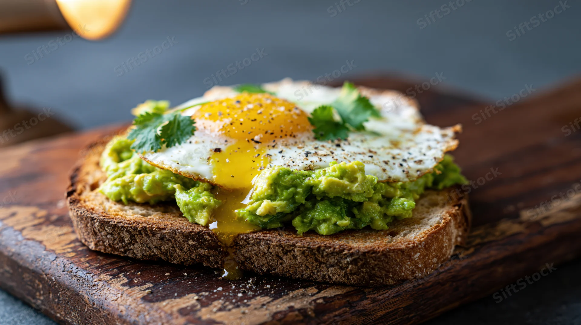Avocado toast with fried egg and cilantro on thick sourdough bread on wooden cutting board