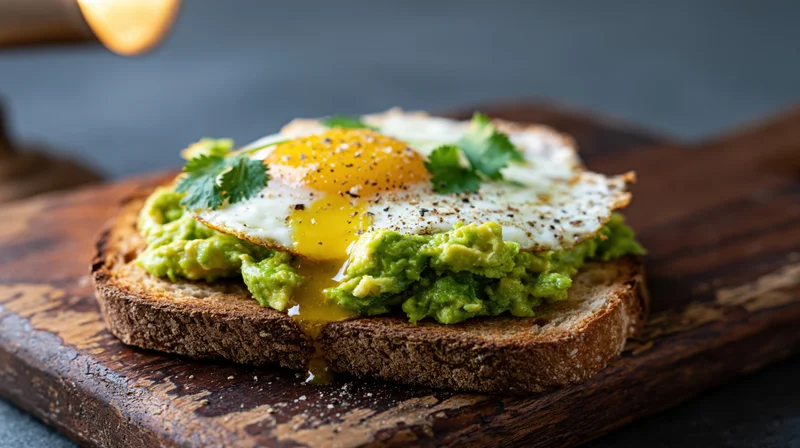 Avocado toast with fried egg and cilantro on thick sourdough bread on wooden cutting board