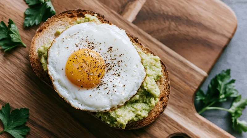 Avocado toast with sunny-side-up egg on wooden cutting board, garnished with parsley