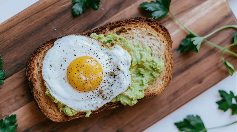 Avocado toast with sunny-side-up egg on wooden cutting board