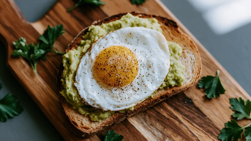 Avocado toast with sunny-side-up egg on wooden cutting board, garnished with parsley