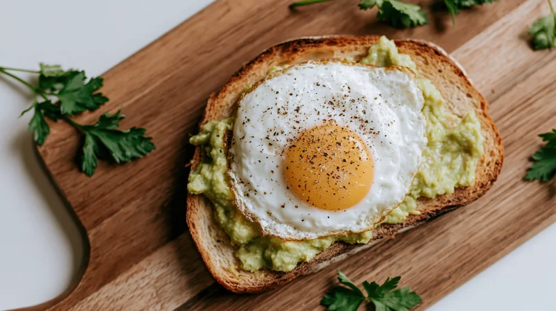 Avocado toast with sunny-side-up egg on wooden cutting board garnished with parsley