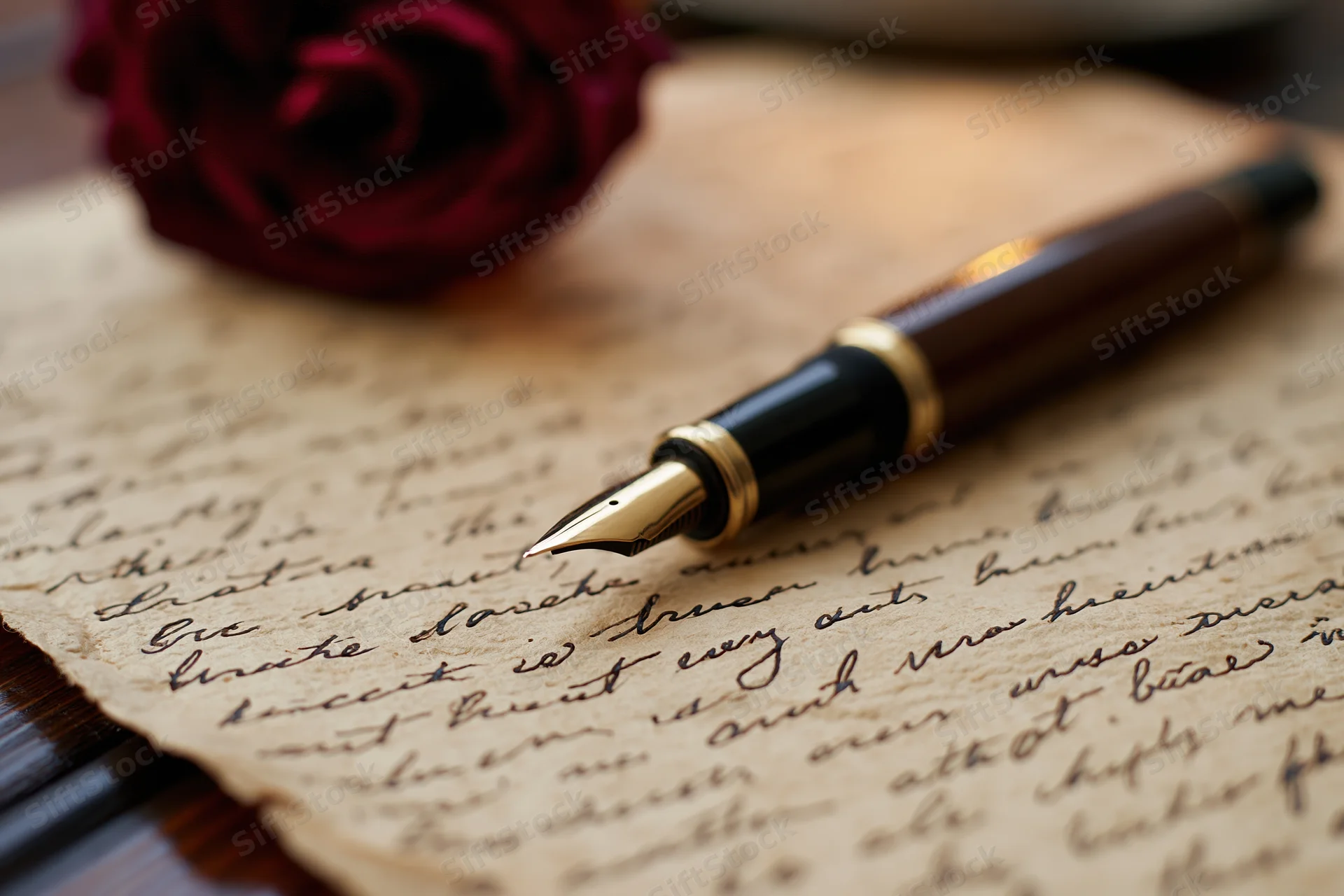 Fountain pen resting on aged parchment with handwritten script and a red rose nearby