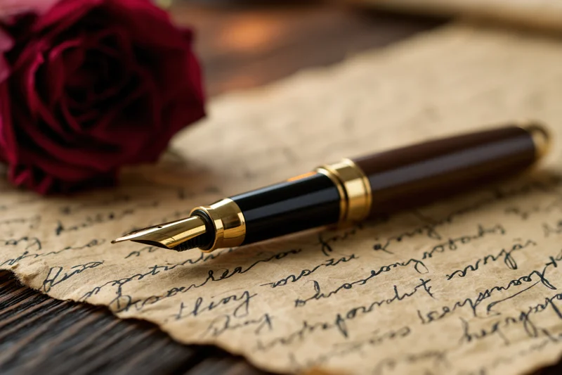 Black and gold fountain pen resting on aged parchment with handwritten script and a red rose beside it