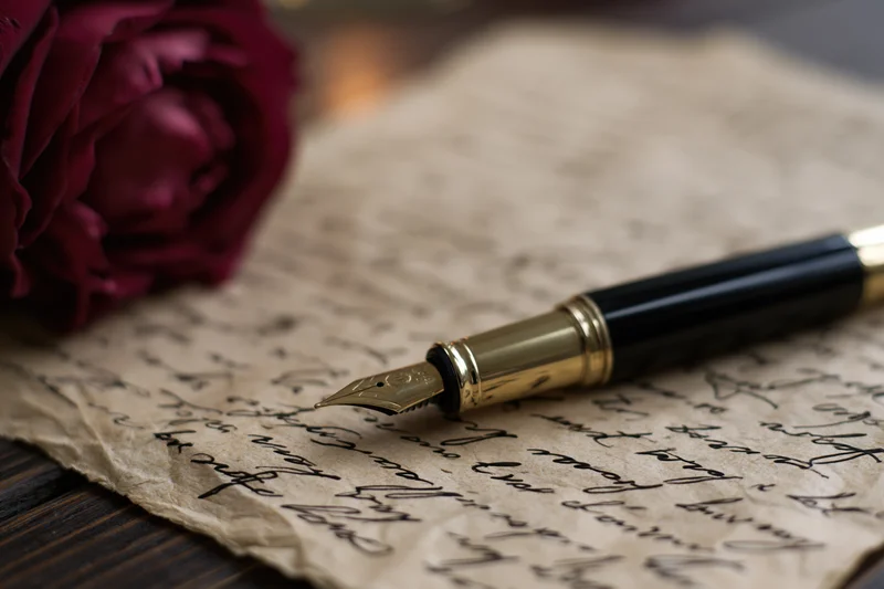 Black and gold fountain pen resting on aged parchment with handwritten script and a red rose beside it