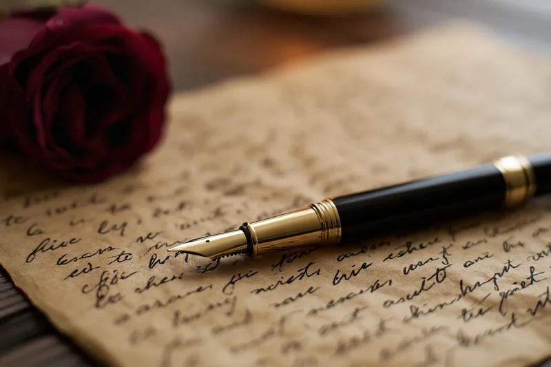 Black and gold fountain pen resting on aged parchment with handwritten script and a red rose beside it
