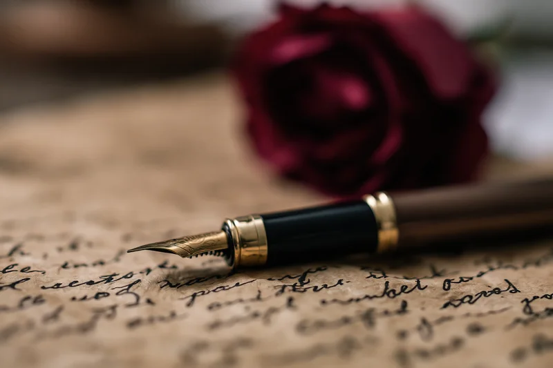 Black and gold fountain pen resting on aged parchment with handwritten script and a red rose in the background