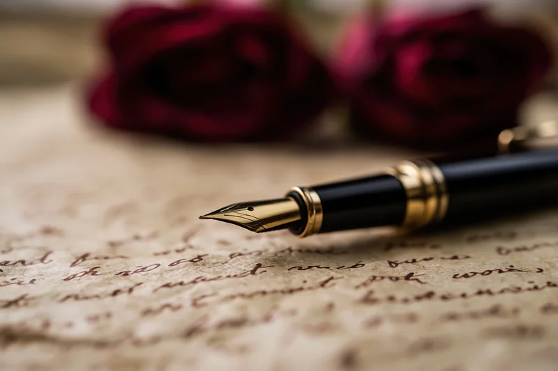 Black and gold fountain pen resting on aged parchment with handwritten script and red roses in background