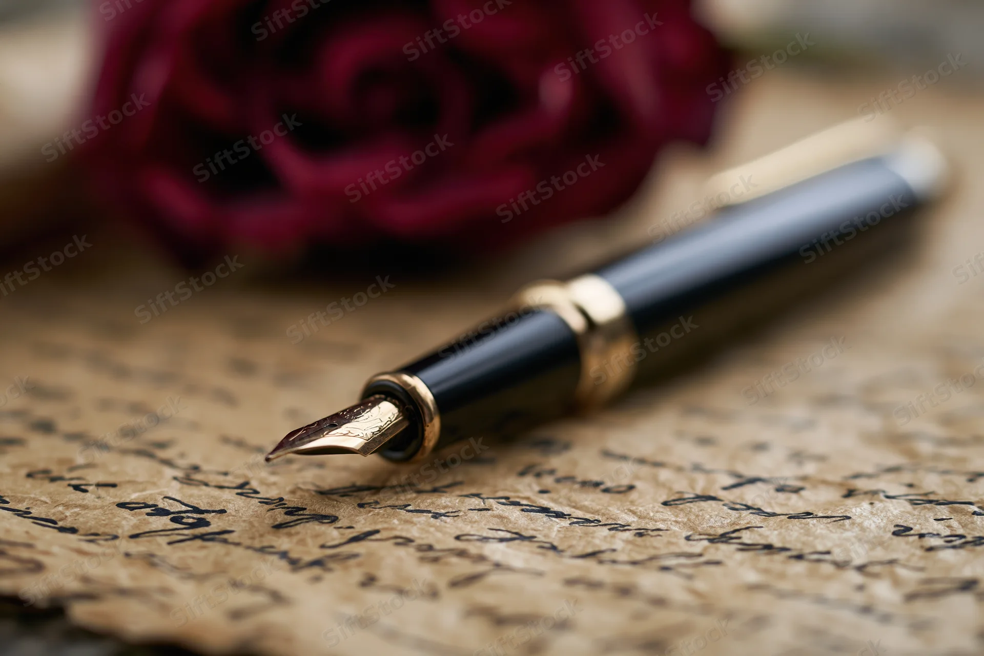 Black and gold fountain pen resting on aged parchment with handwritten script and a red rose in the background