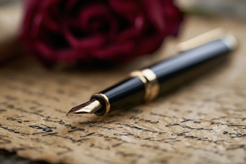 Black and gold fountain pen resting on aged parchment with handwritten script and a red rose in the background
