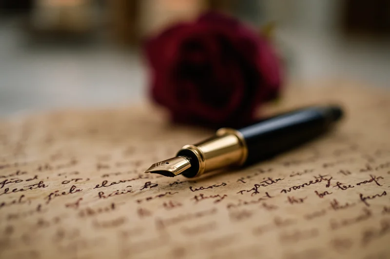 Black and gold fountain pen resting on aged parchment with handwritten script and a red rose in the background
