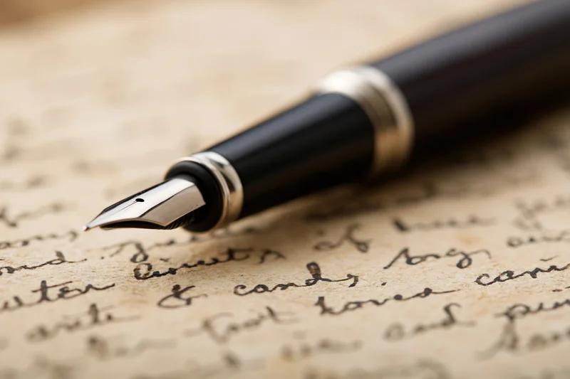 Black and silver fountain pen resting on aged handwritten letter