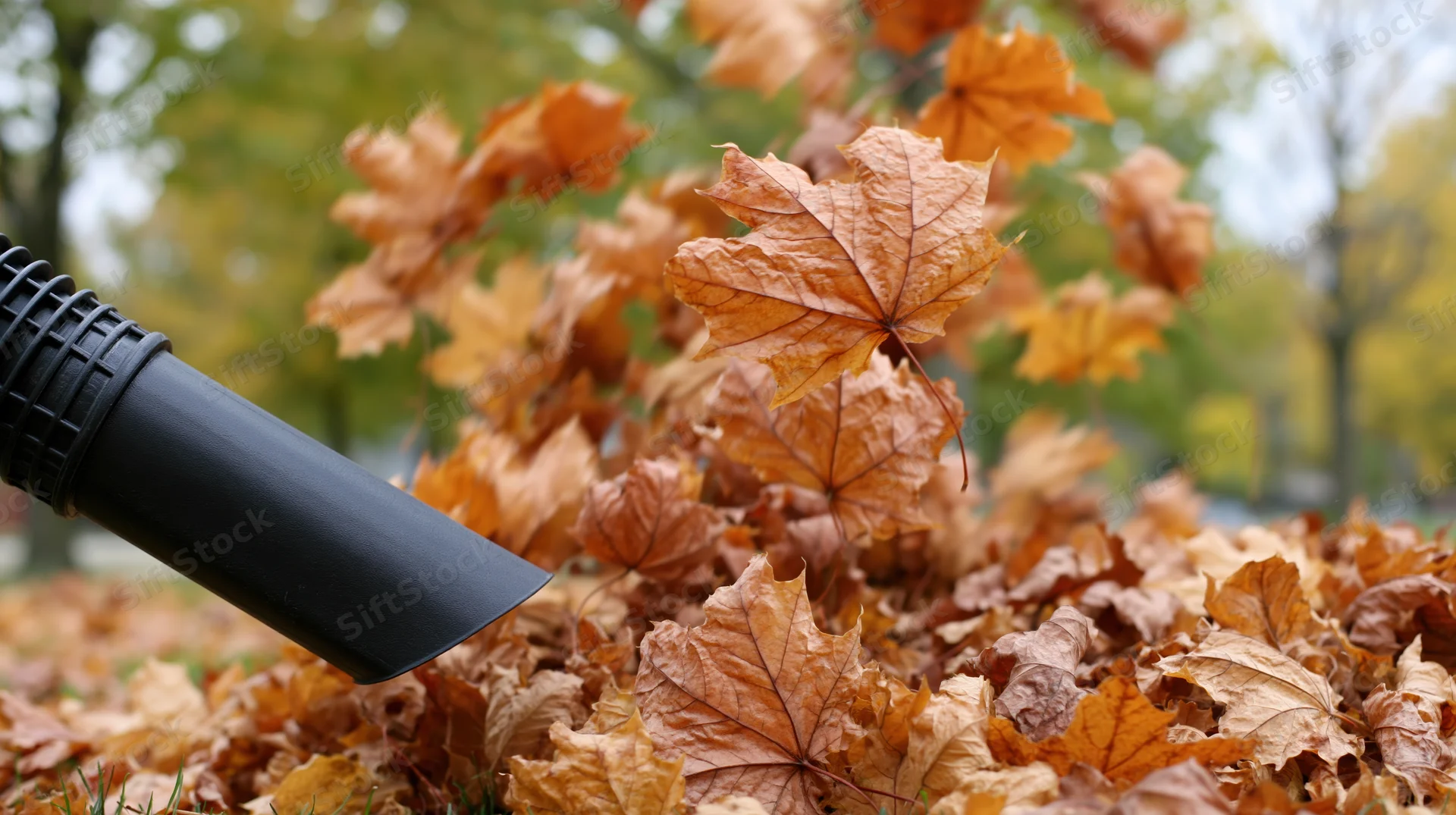 Leaf blower nozzle blowing dry maple leaves in a yard during autumn
