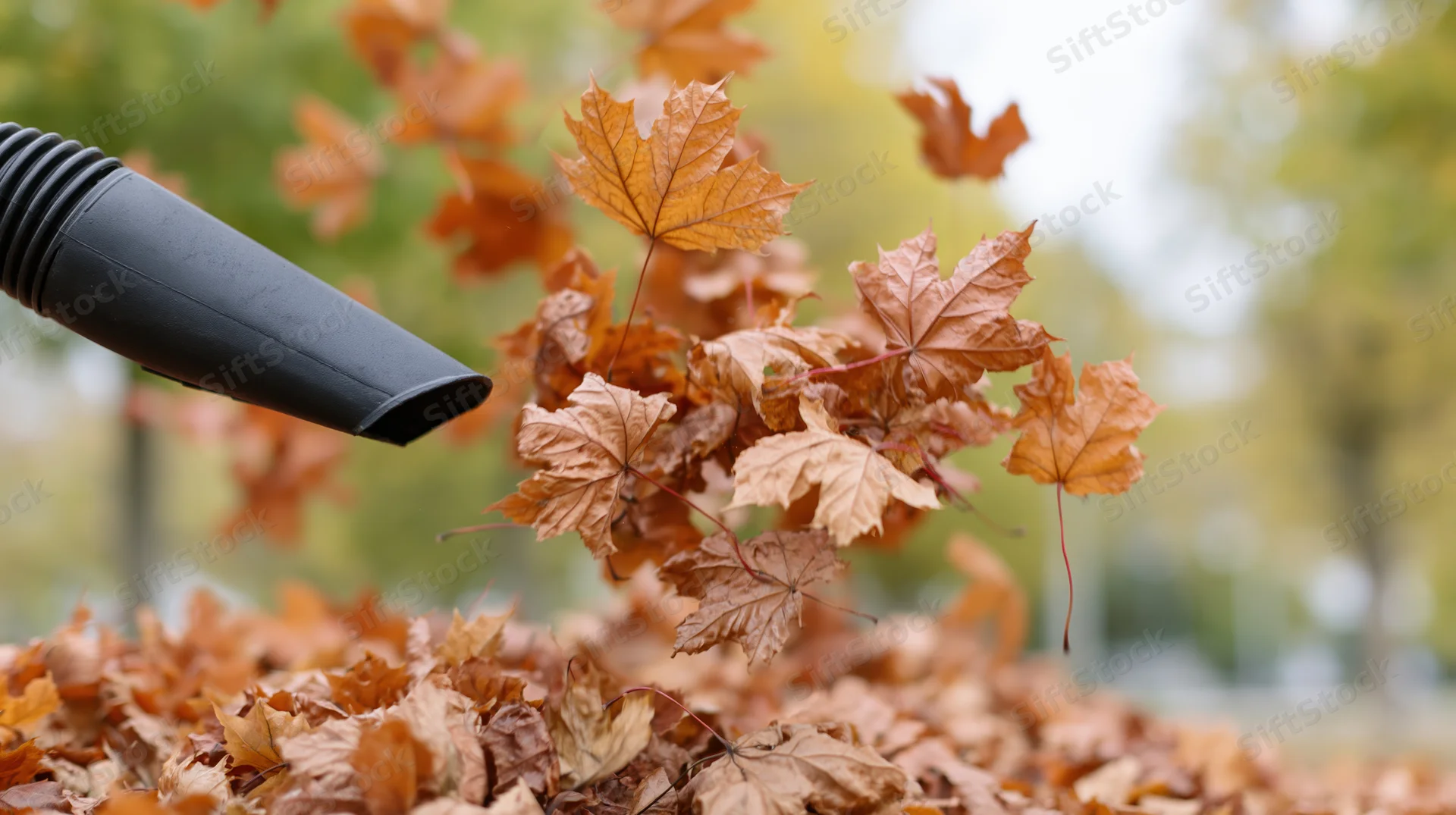 Leaf blower nozzle blowing autumn maple leaves in a yard