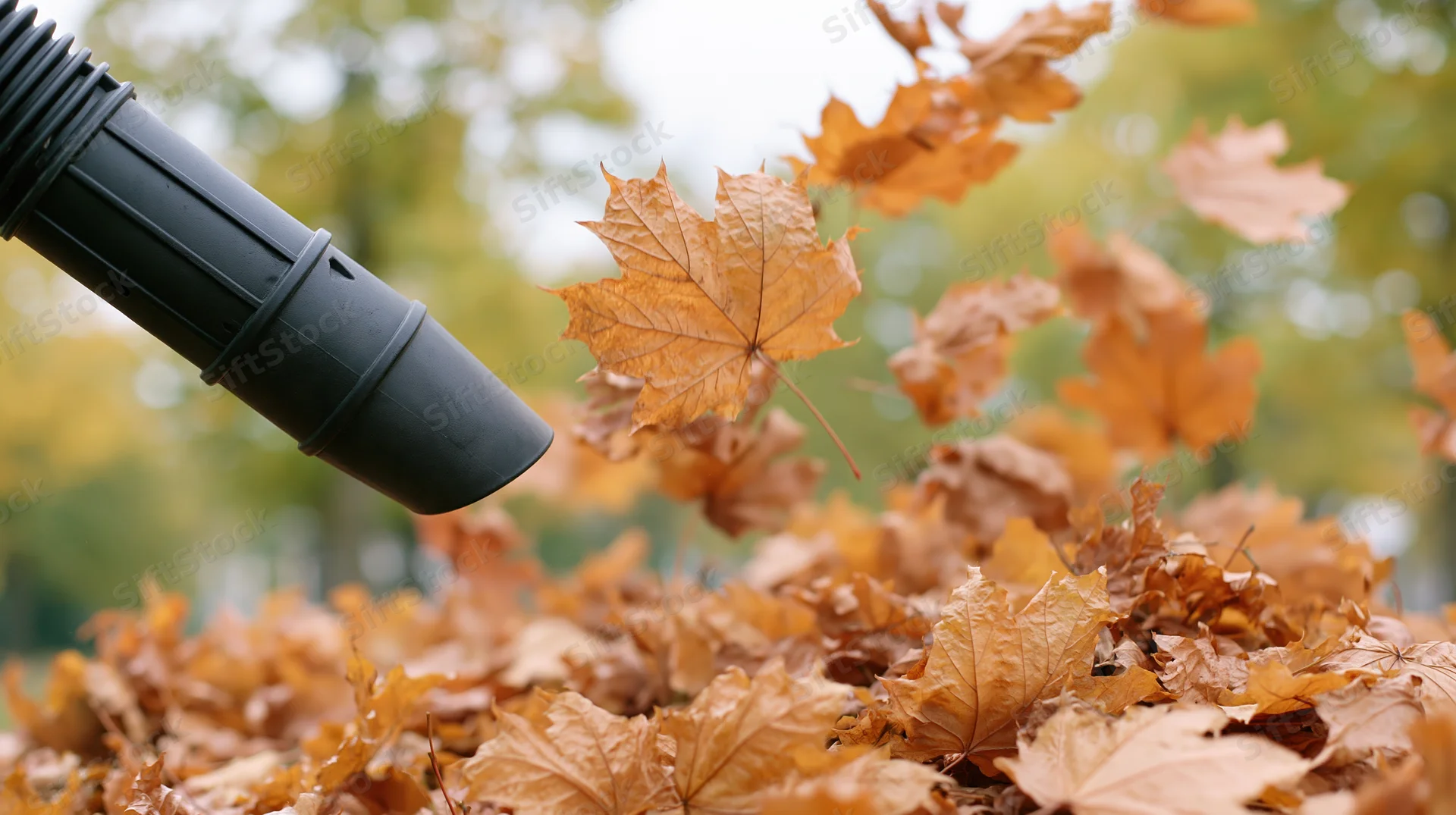 Leaf blower nozzle blowing autumn leaves in a yard