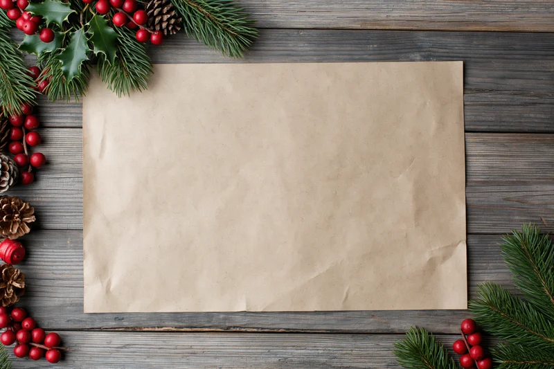 Blank kraft paper sheet on wooden surface framed by christmas greenery and berries
