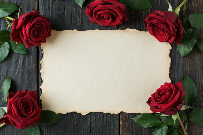 Aged parchment card with torn edges surrounded by red roses on dark wooden surface