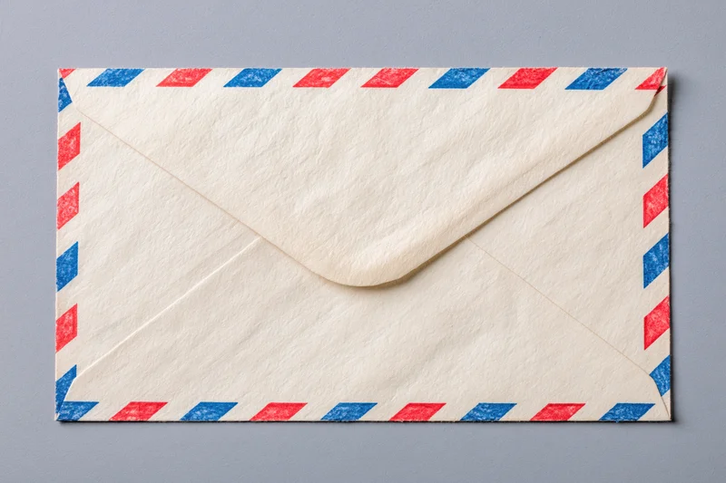 Closed airmail envelope with red and blue striped pattern lying flat on gray surface