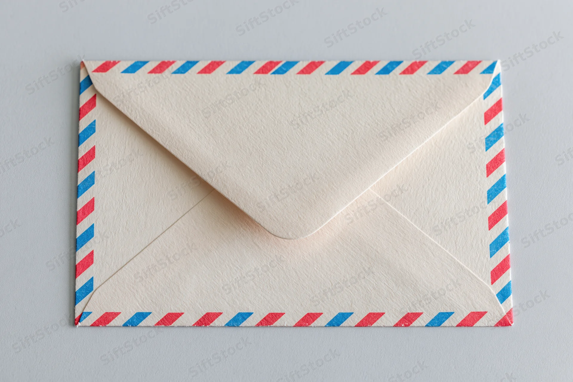 Airmail envelope with red and blue striped border lying flat on a light gray surface