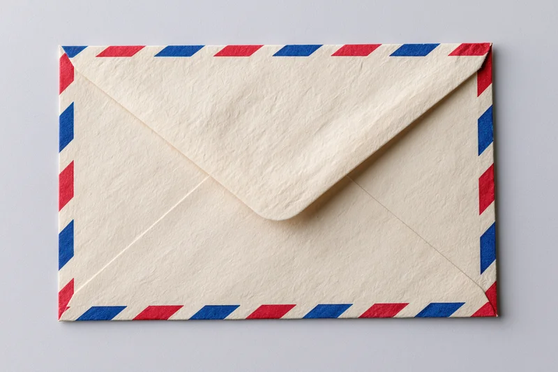 Airmail envelope with red and blue diagonal stripes lying flat on a neutral surface