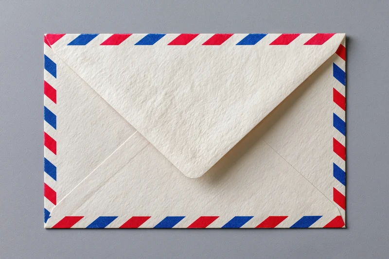 Airmail envelope with red and blue diagonal stripes lying flat on gray surface