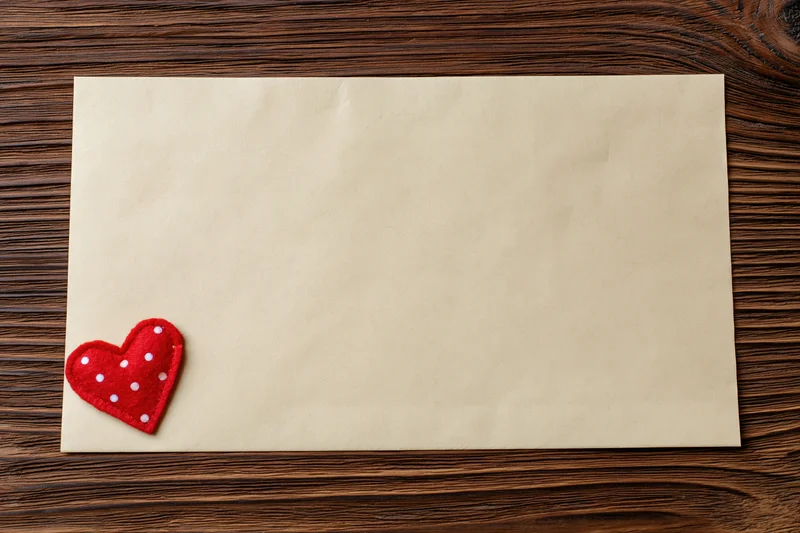 Cream paper sheet with red polka-dotted felt heart on dark wooden surface