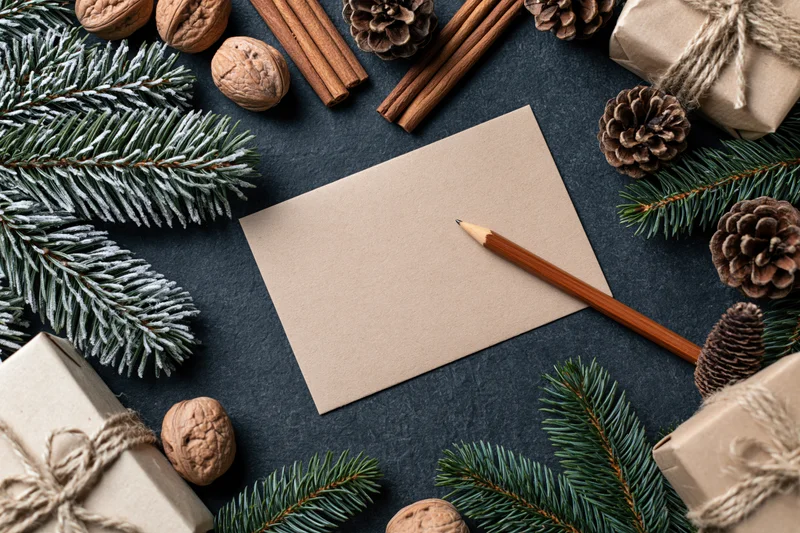 Blank kraft notecard with wooden pencil on dark surface surrounded by pine branches, pinecones, cinnamon sticks, walnuts, and wrapped gifts
