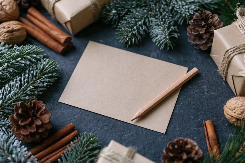 Blank kraft notecard with wooden pencil on dark surface surrounded by pine branches, pinecones, cinnamon sticks, walnuts, and wrapped gifts