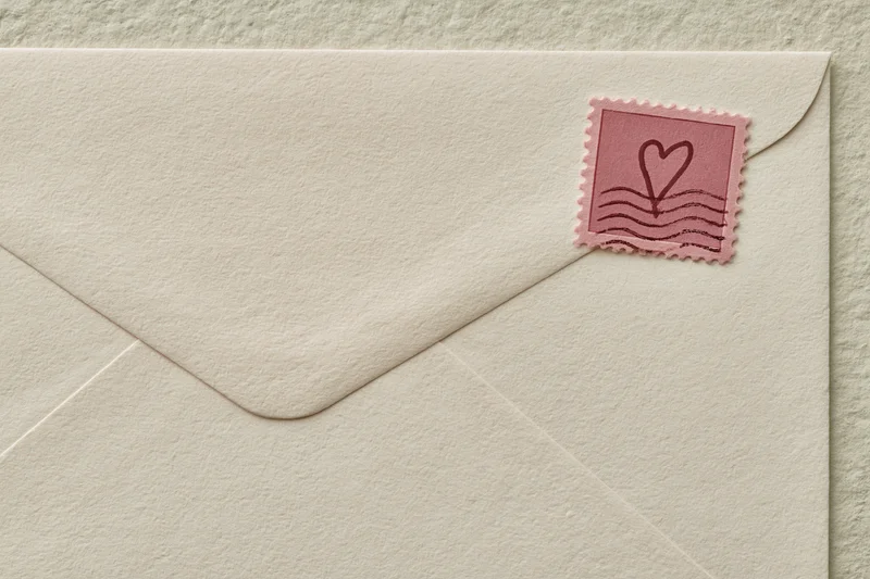 Cream textured vintage envelope with pink heart stamp on flat surface
