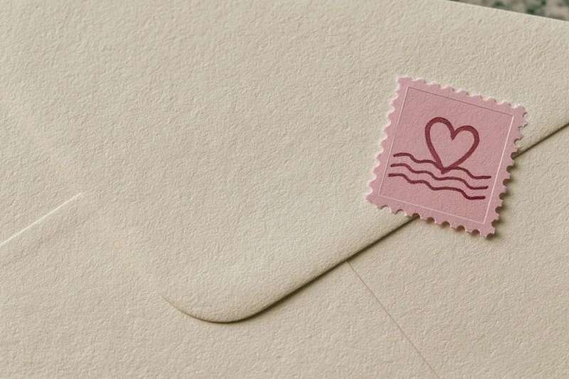 Cream textured vintage envelope with pink heart stamp in corner