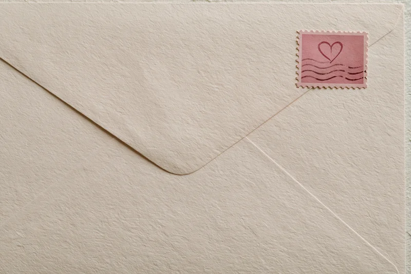 Cream textured vintage envelope with pink heart stamp in top right corner, flat lay view