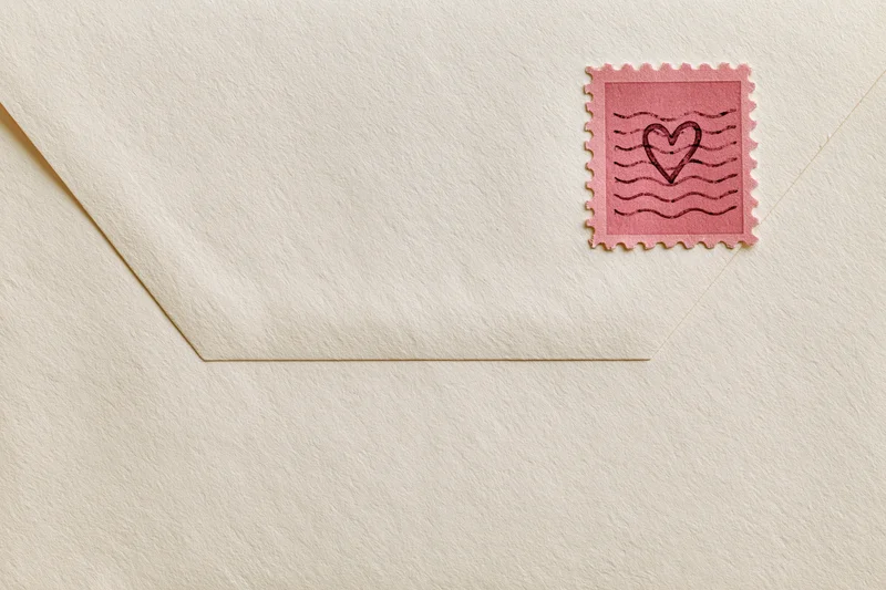 Cream textured vintage envelope with pink heart stamp in corner, flat lay view