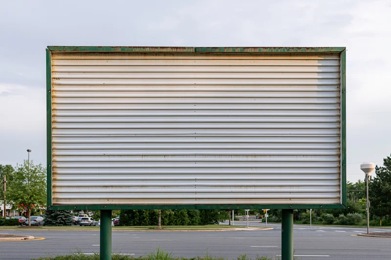 Weathered metal billboard with green frame standing in a parking lot beside a road