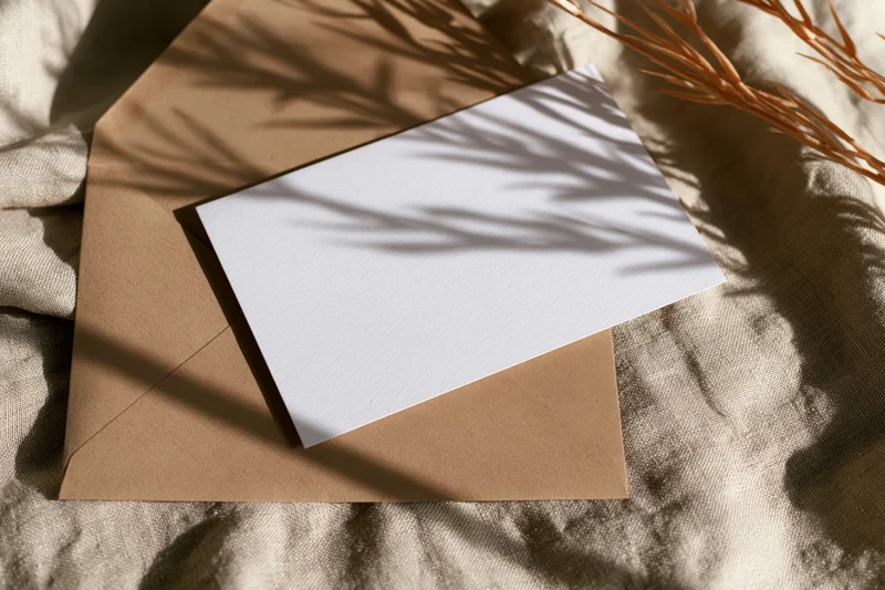 Blank white card on kraft envelope with plant shadows on fabric surface