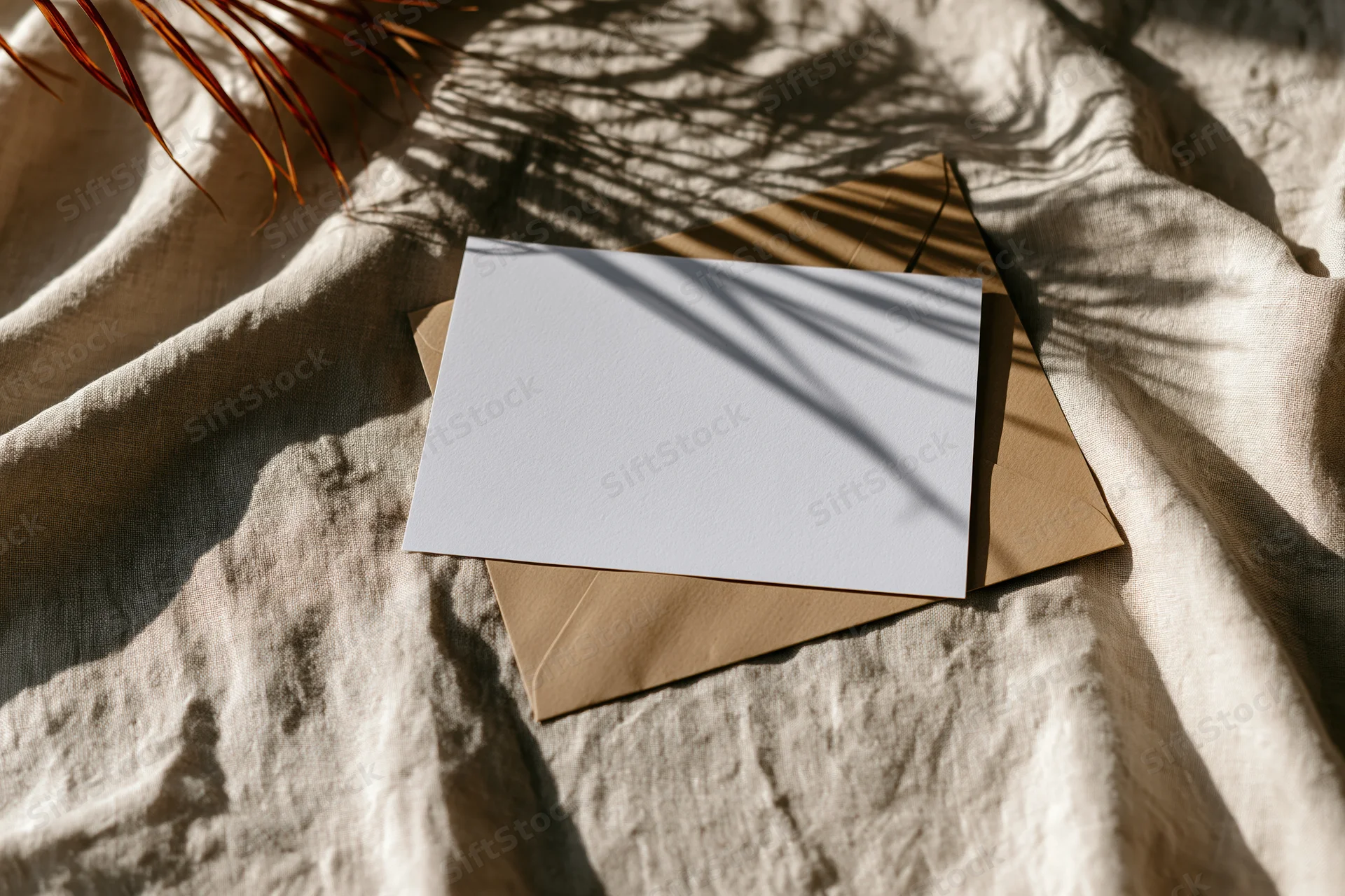 Blank white card on kraft envelope resting on textured linen fabric with dried grass and dappled sunlight
