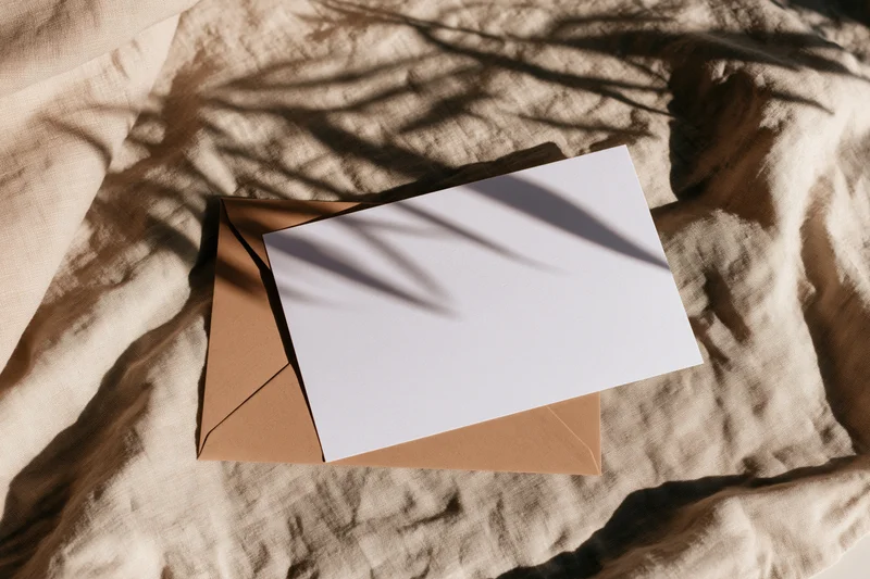 Blank white card resting on kraft envelope on textured fabric with palm shadows