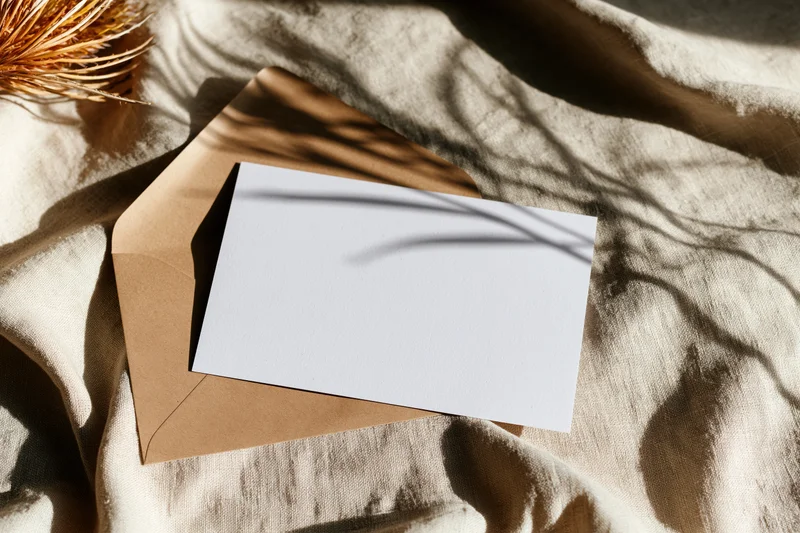 Blank white card on kraft envelope resting on textured fabric with dappled sunlight