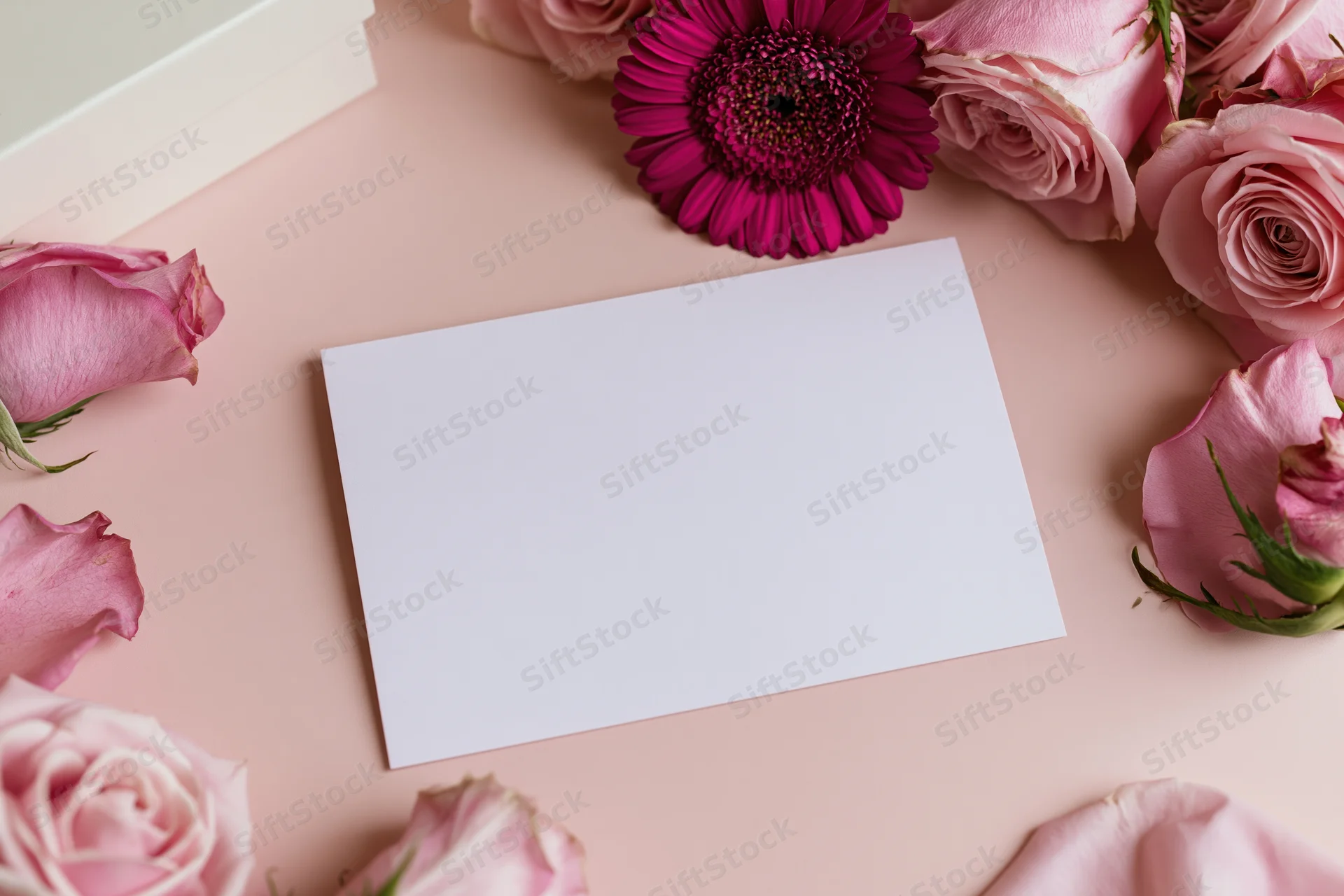 Blank white card on pink surface surrounded by pink roses and a gerbera flower