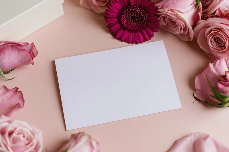 Blank white card on pink surface surrounded by pink roses and a gerbera flower