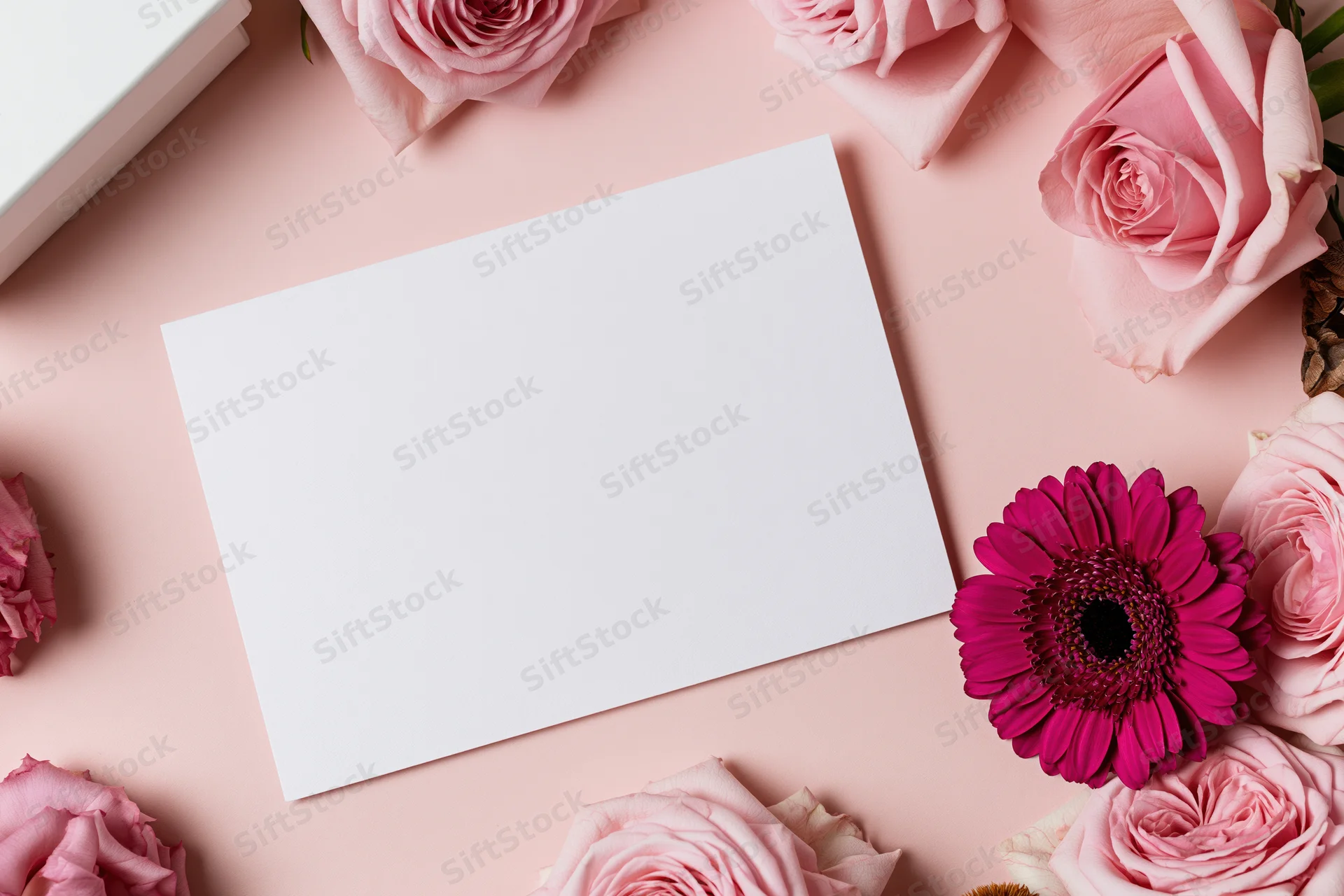 Blank white greeting card on pink surface surrounded by roses and gerbera flowers