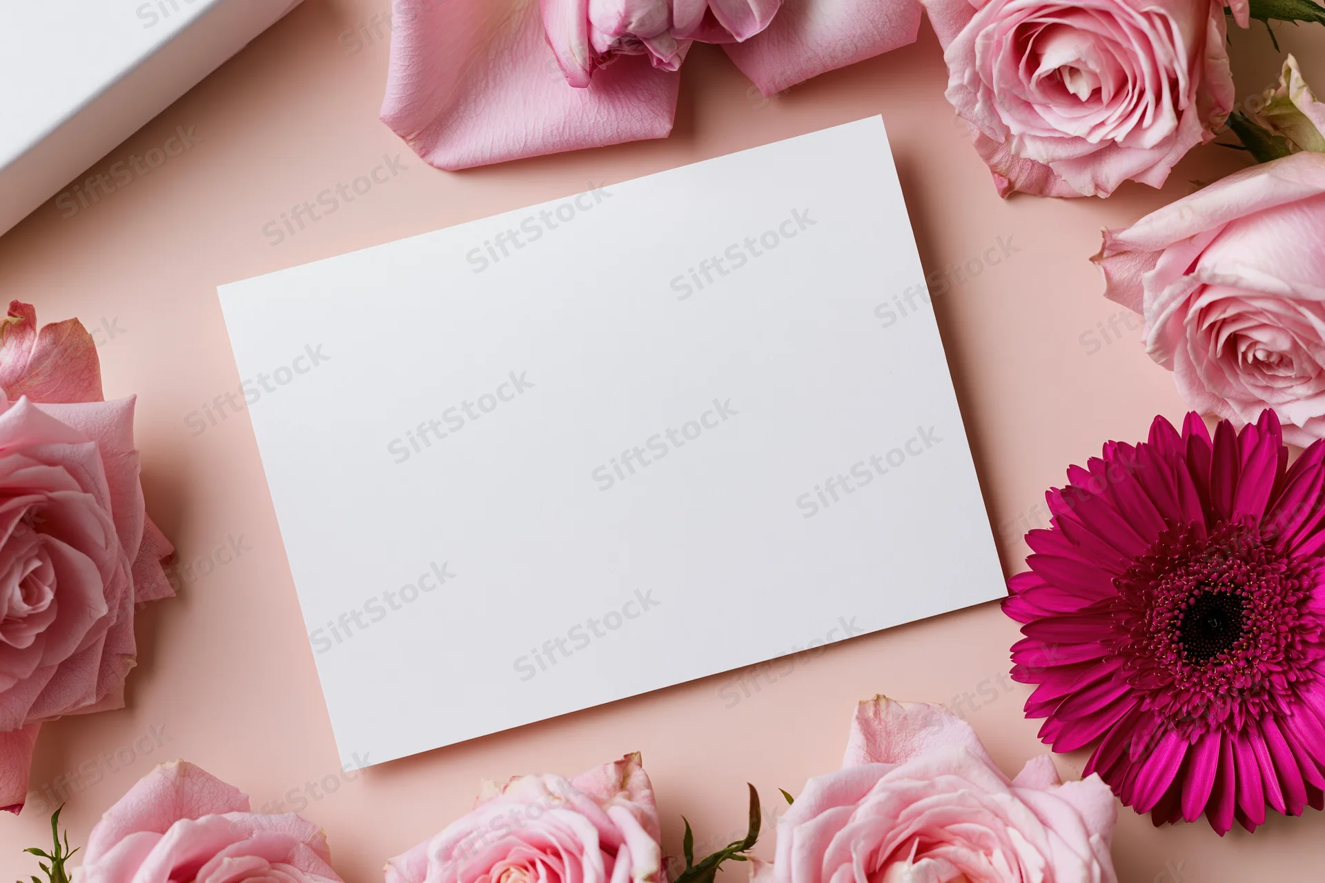 Blank white card lying flat on pink surface surrounded by pink roses and a magenta gerbera flower