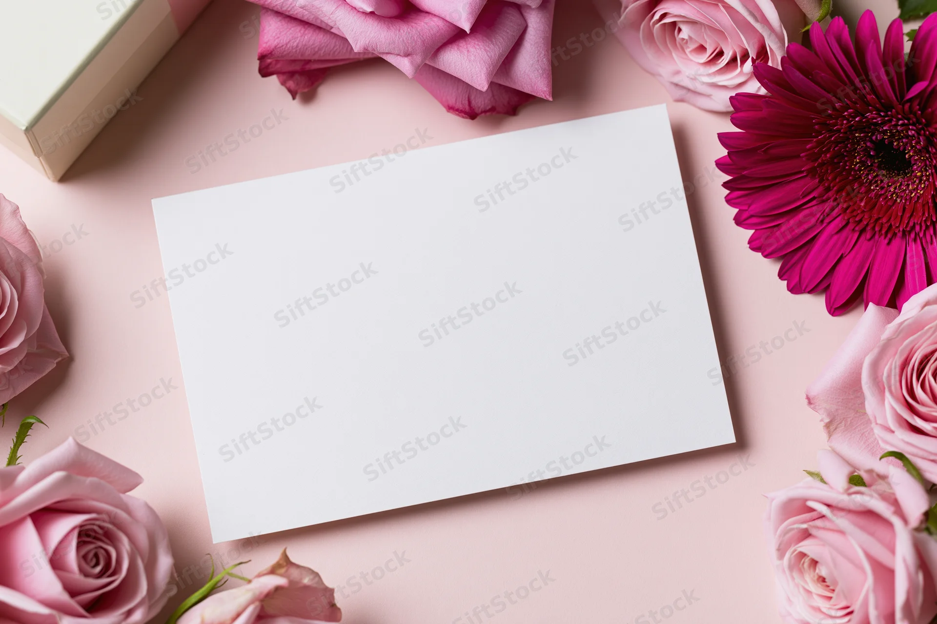 Blank white greeting card on pink surface surrounded by pink roses and gerbera daisies