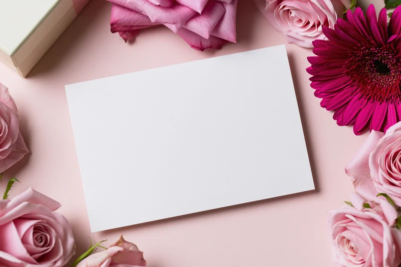 Blank white greeting card on pink surface surrounded by pink roses and gerbera daisies