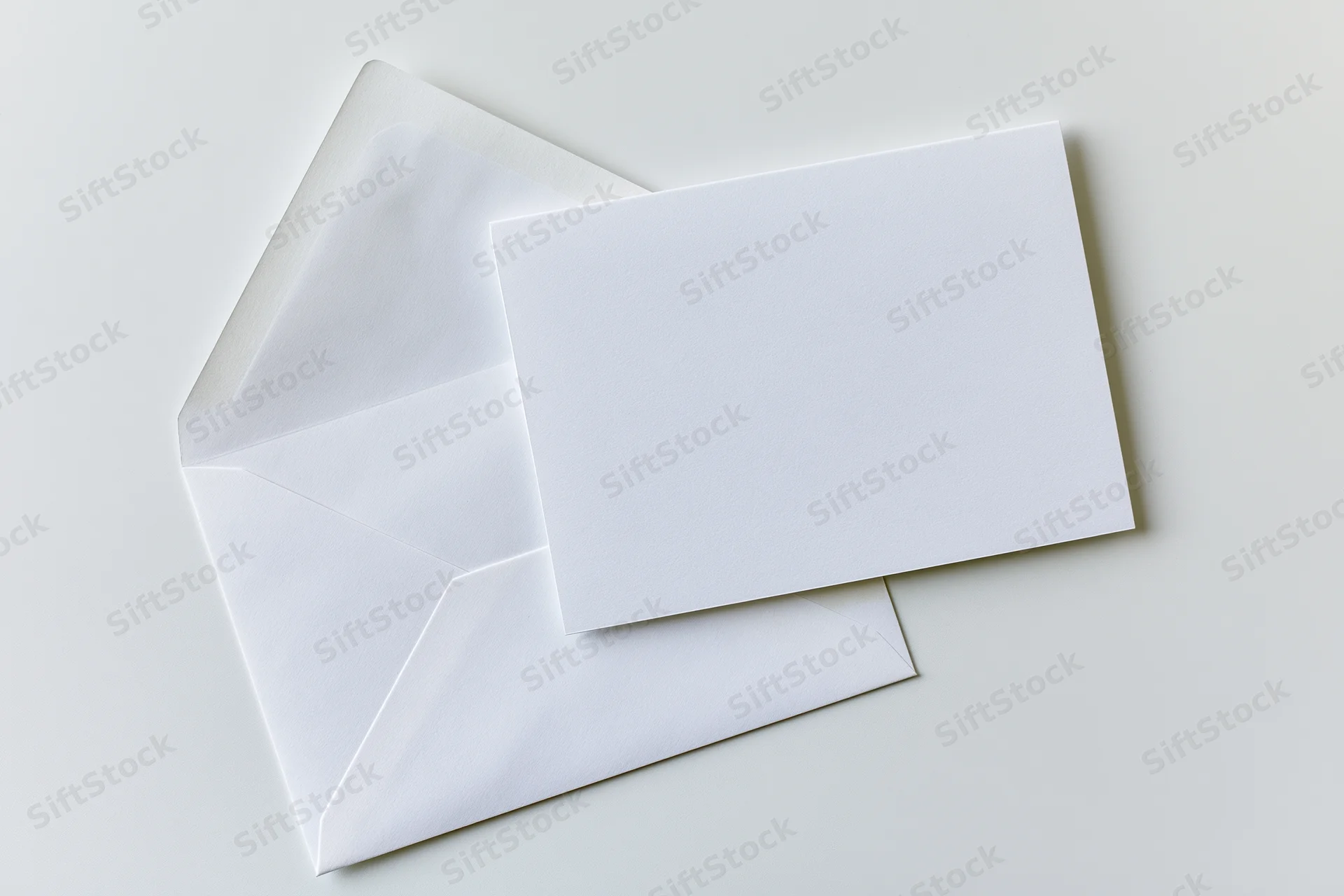 Blank white greeting card resting in front of an open white envelope on a plain surface