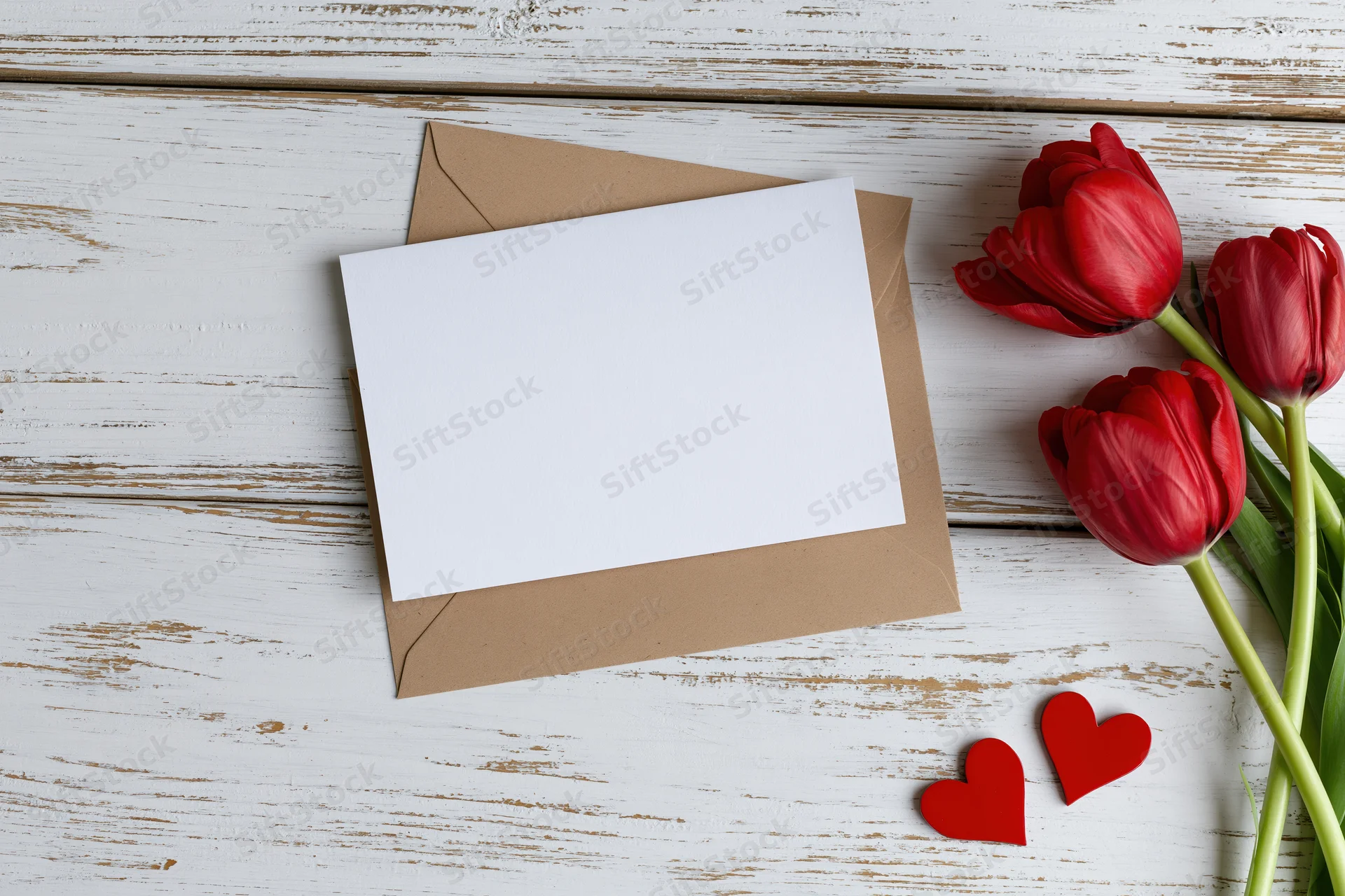 Blank white greeting card on kraft envelope with red tulips and hearts on rustic white wood surface